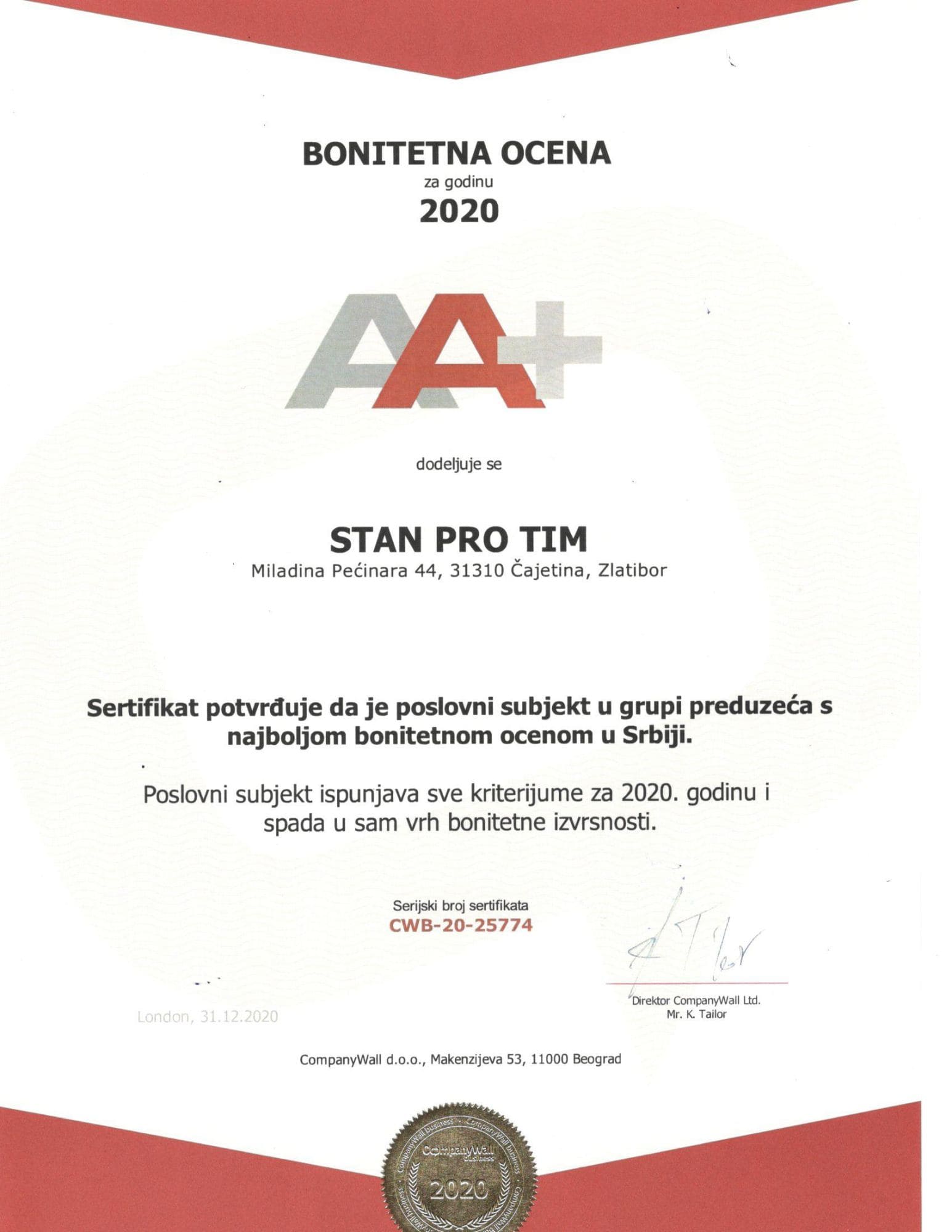 Sertifikat kvaliteta STAN PRO TIM